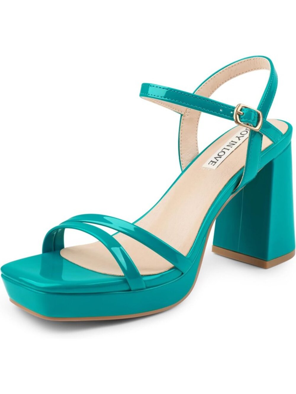 Women's Teal Patent Open Toe Adjustable Ankle Strap Chunky Low Heeled Sandals
